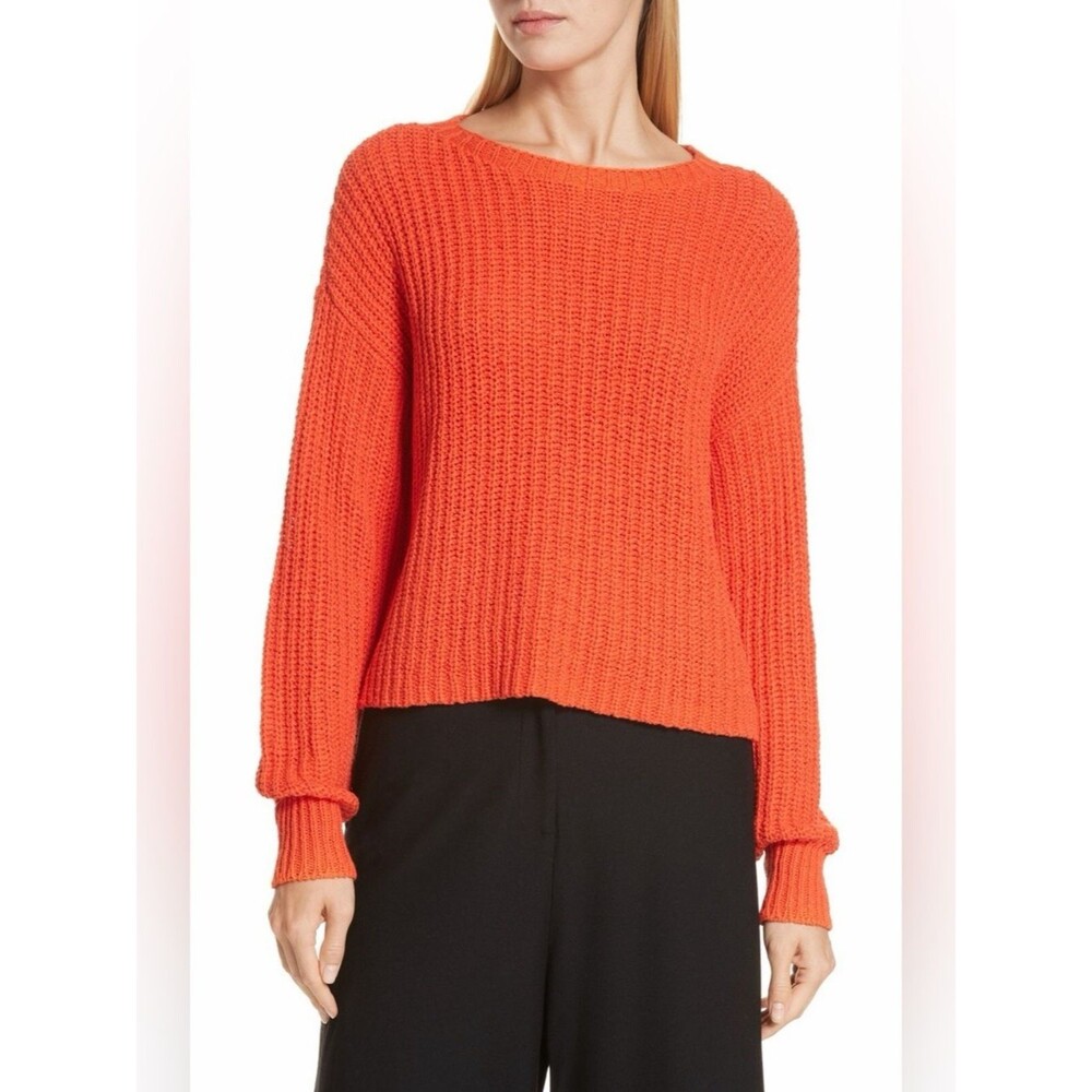 Eileen Fisher Cozy Cropped Organic Cotton Ribbed Sweater Red Orange Knit Size M
